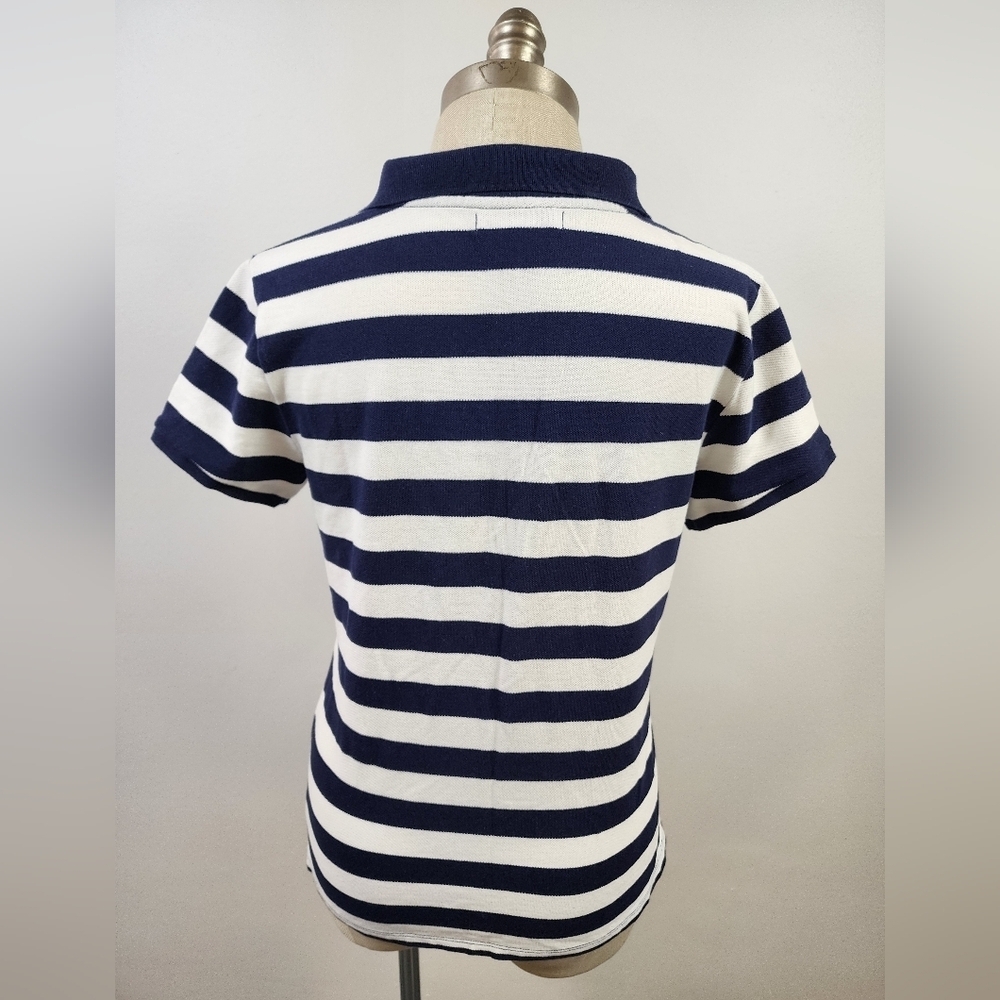 Liz Claiborne Blue White Striped Polo Shirt Nautical Preppy Size Medium - Picture 4 of 9